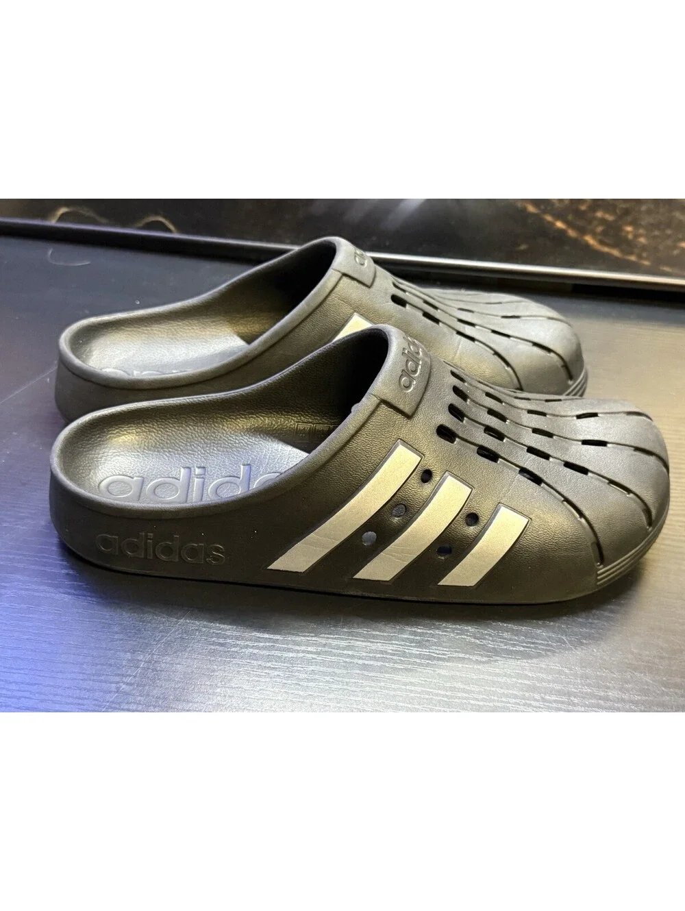 adidas Adilette Clog Black Silver Men’s 11 Women’s 12 Slip On Sandals